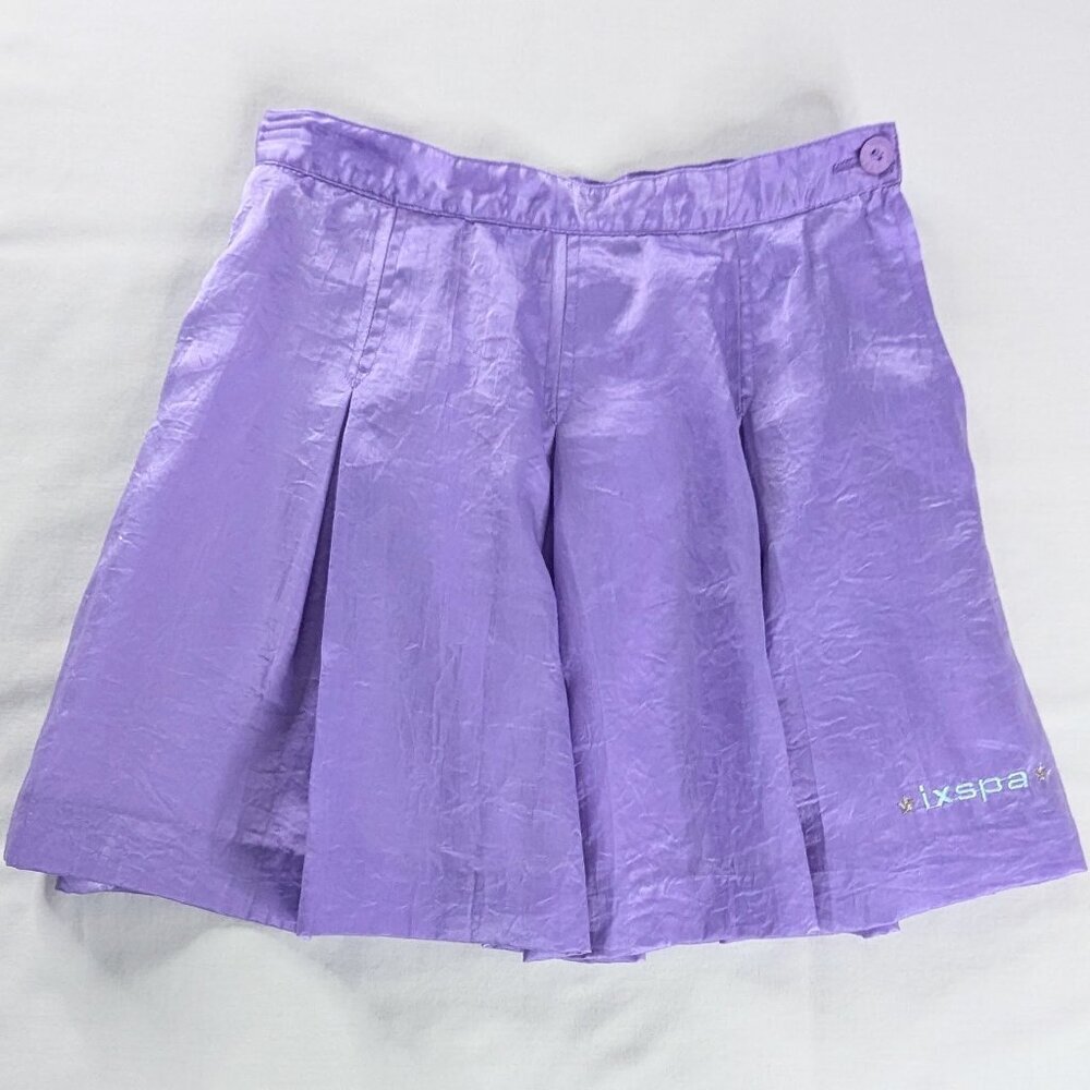 VTG Light Purple Satin Pleated Athletic Lined Mini Skirt Gorp Embroidered Logo